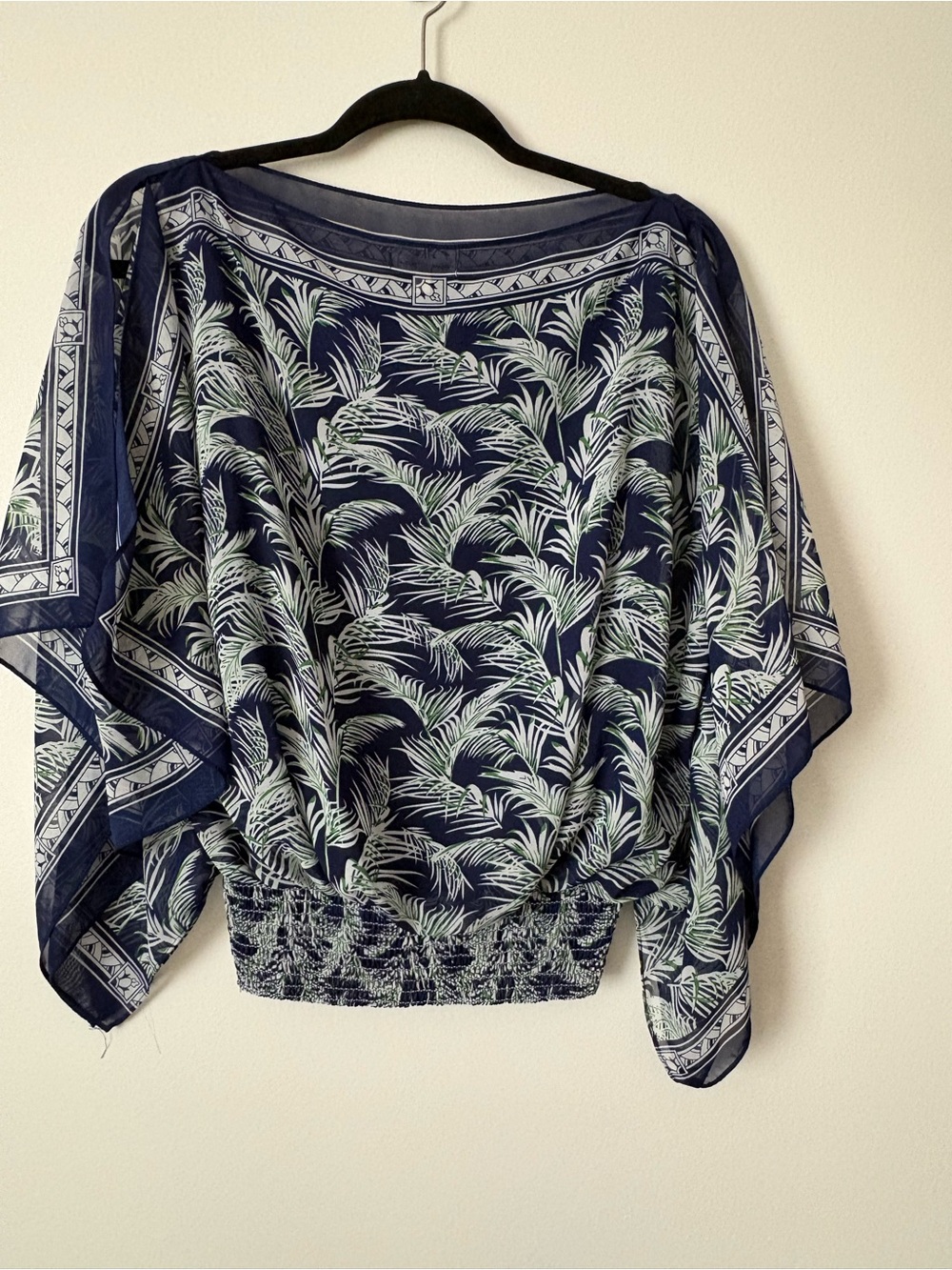 Max Studio Navy Palm-Print Flutter Sleeve Tunic